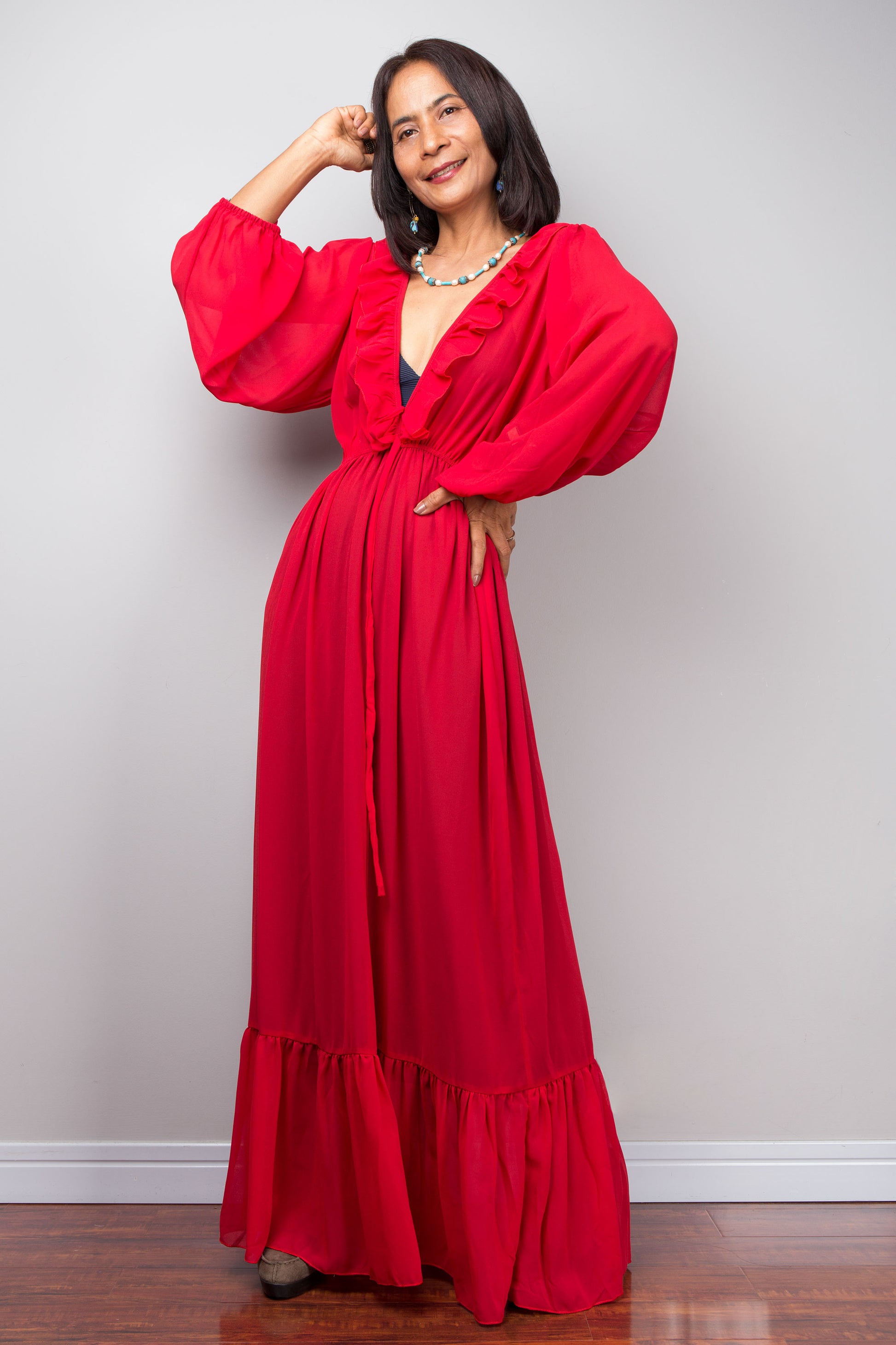 Nuichan Red Ruffle Maxi Dress, sheer long dress, summer 2025 elegance.