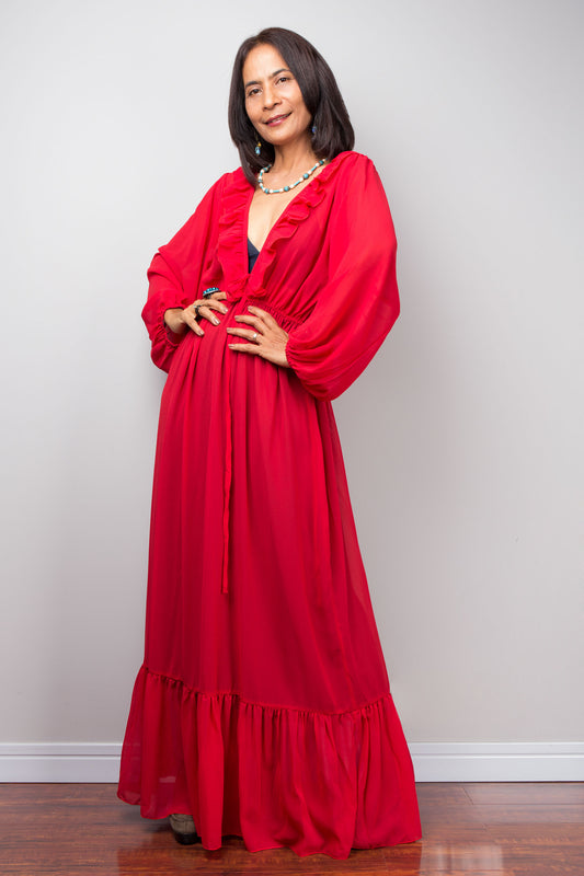 Nuichan Red Chiffon Maxi Dress, sheer ruffle long dress, women’s boho style 2025