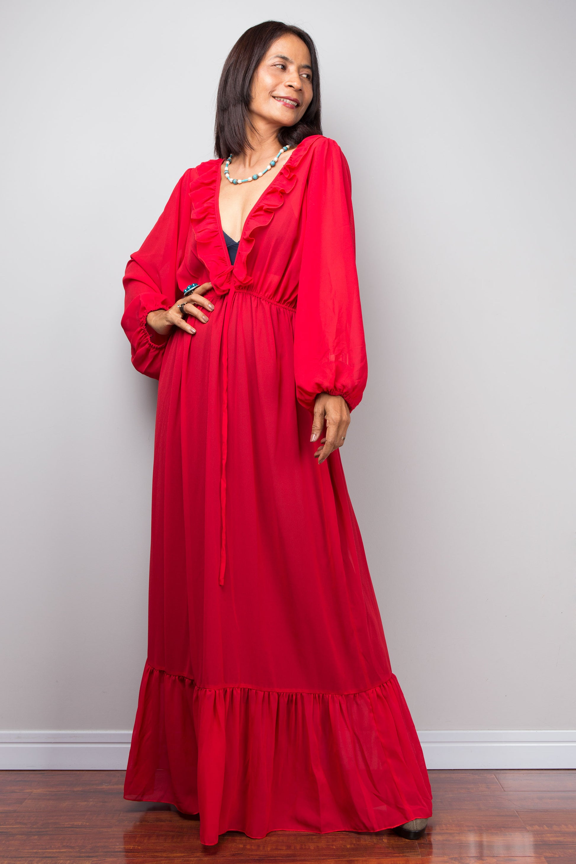 Nuichan Chiffon Long Dress, red sheer design, boho women’s beachwear June 2025.
