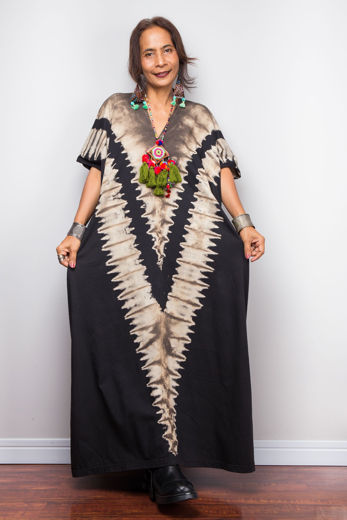 Oversized Reverse Tie Dye Dress | Boho Black Kaftan Maxi