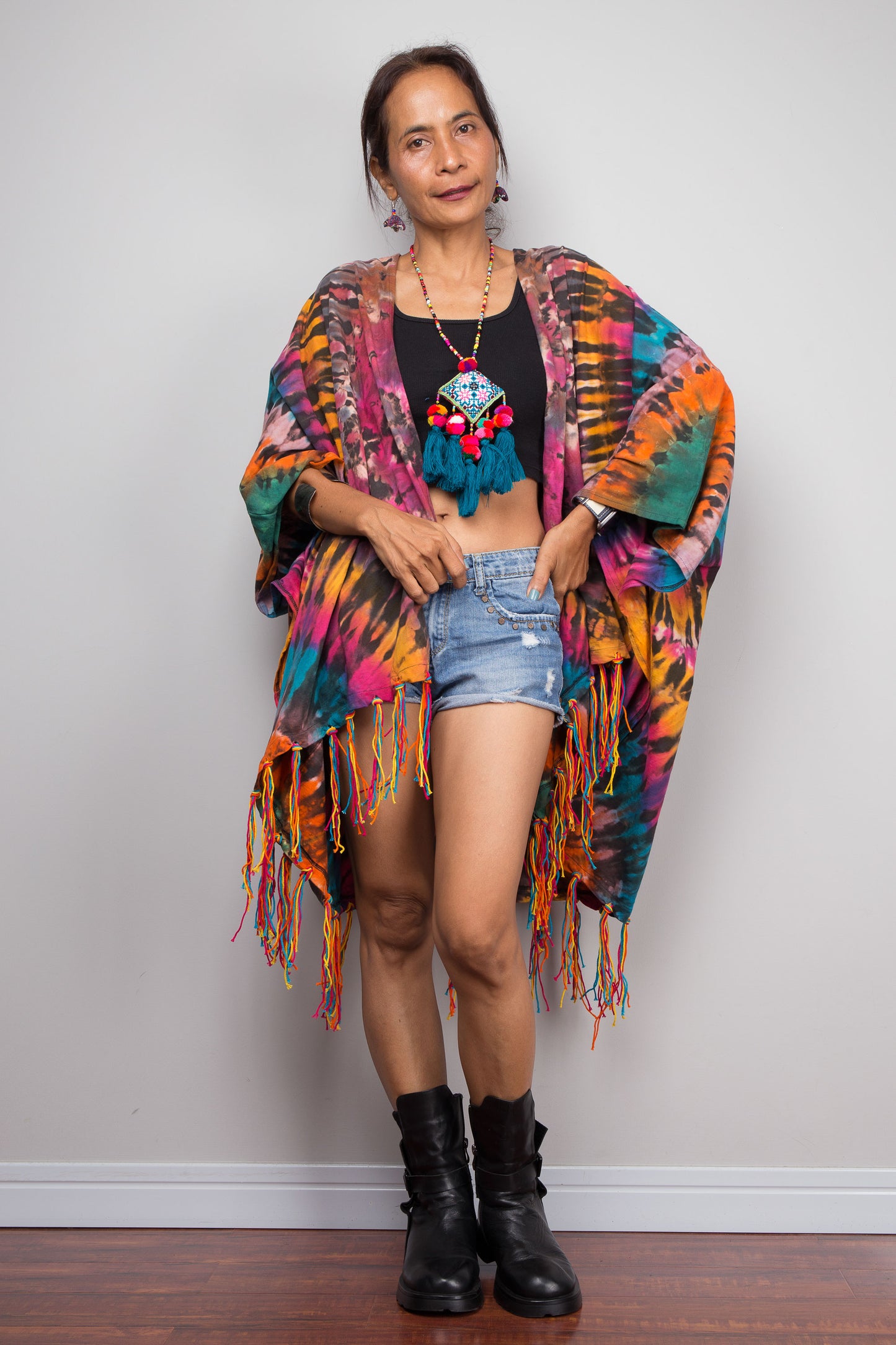 Rainbow Tie Dye Kimono Duster with Multicolour Fringe