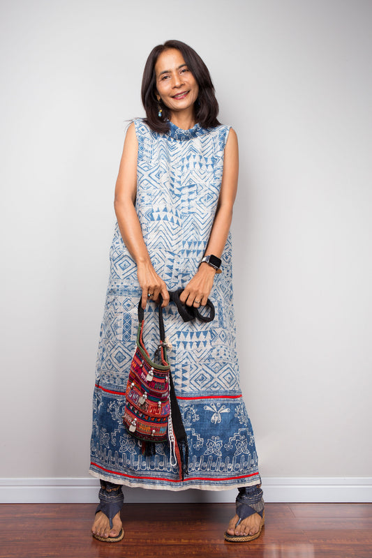 Indigo batik hemp sleeveless dress with cream and blue geometric pattern, handwoven, ideal for women’s boho sustainable style.