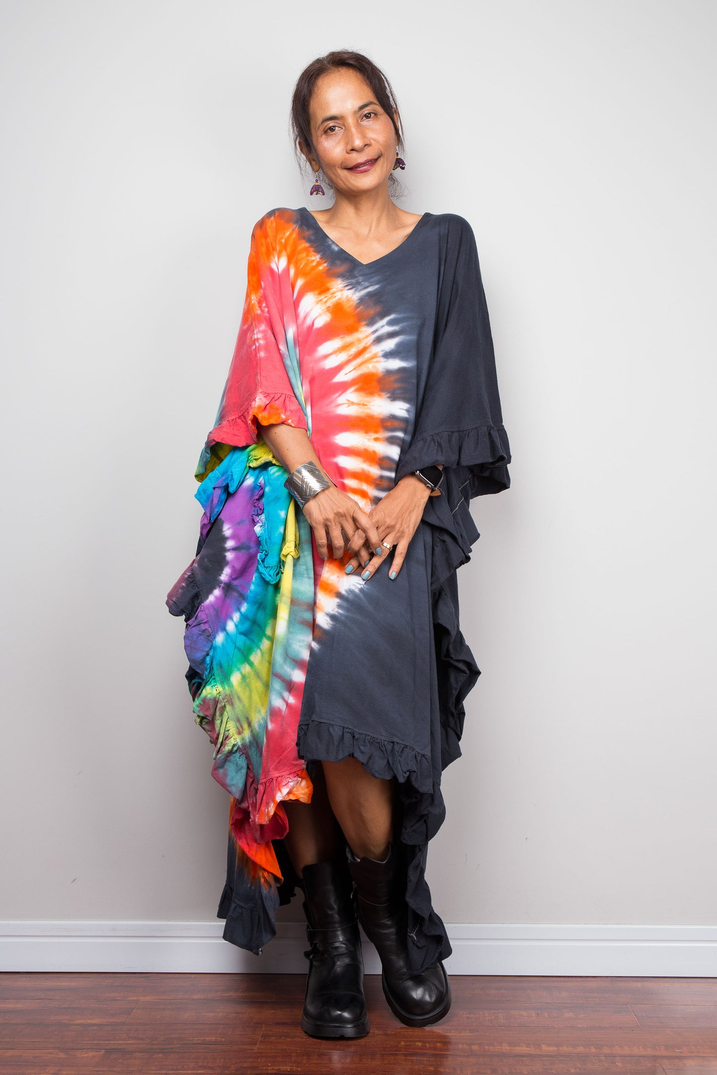 Half Rainbow Tie Dye High Low Ruffle Tunic Dress