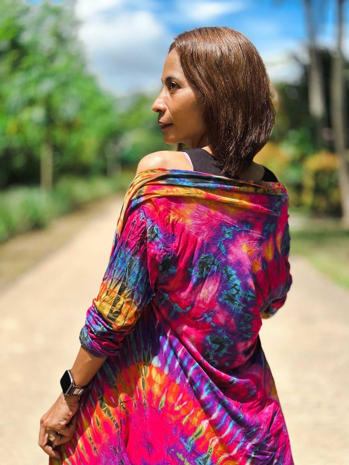 Tie dye cardigan. Hippie cardigan with pockets. Pink Rainbow coloured duster