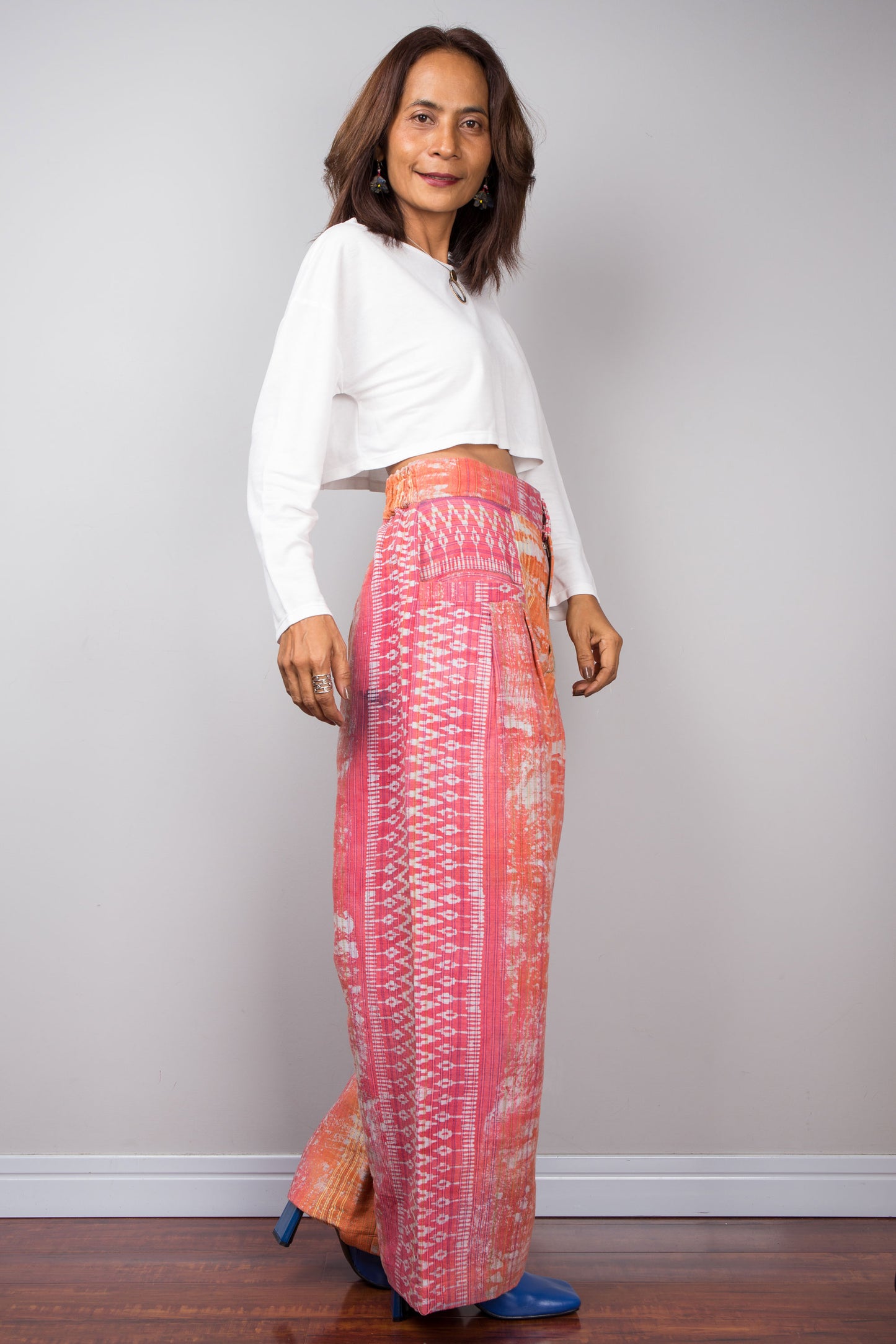 Relax in style with Nuichan's pink patterned tie-dye hemp lounge pants, offering a unique look with the comfort of natural hemp.