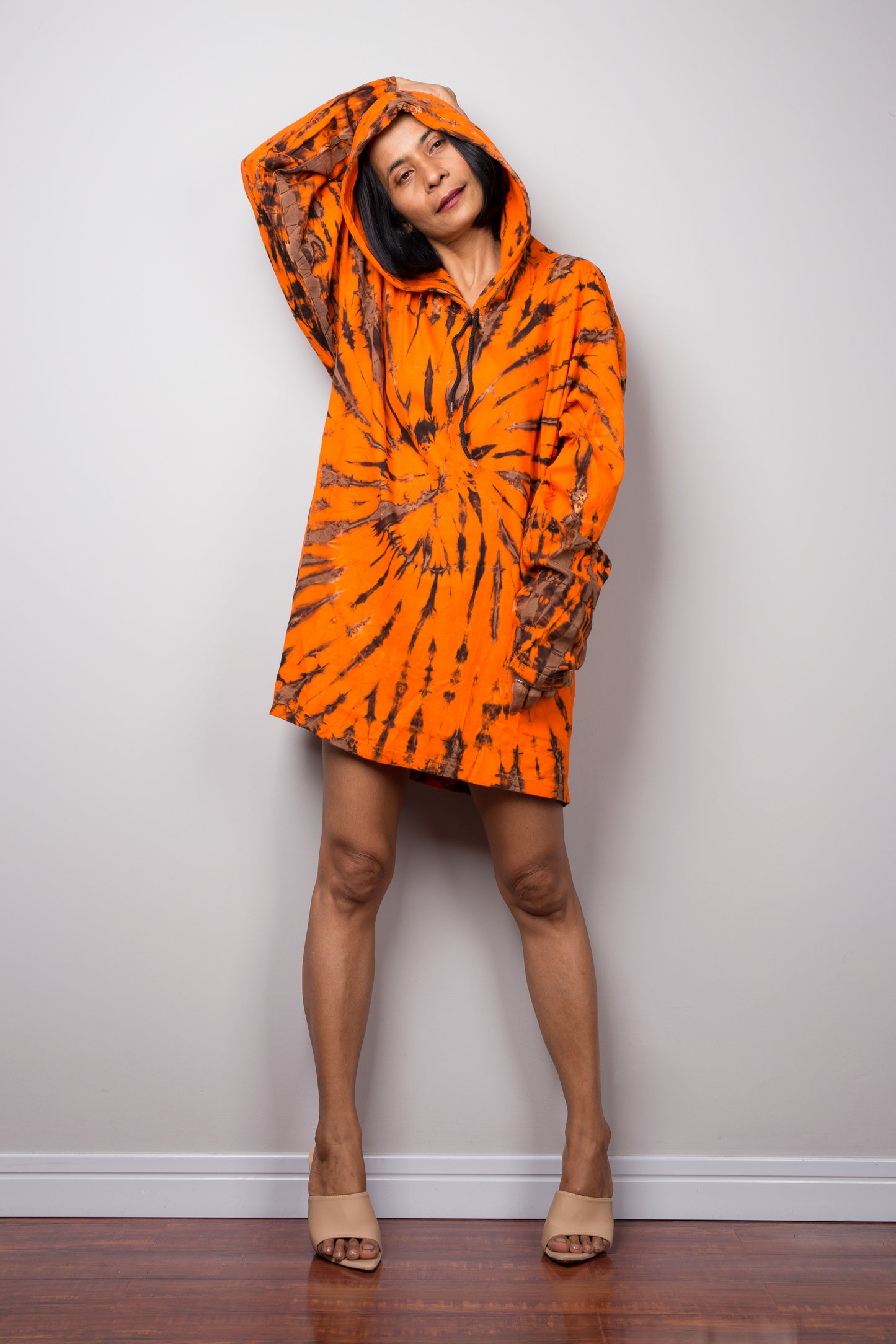Orange Tie Dye Hoodie Pullover by Nuichan. Orange Sweatshirt with long sleeves