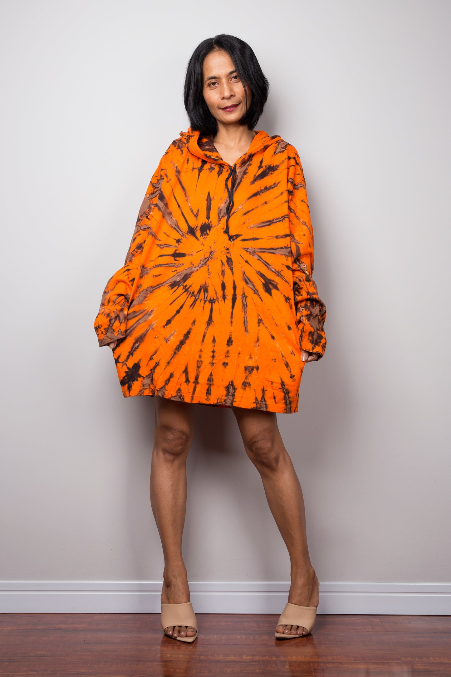 Tie Dye Hoodie Pullover by Nuichan. Orange Sweatshirt with long sleeves.