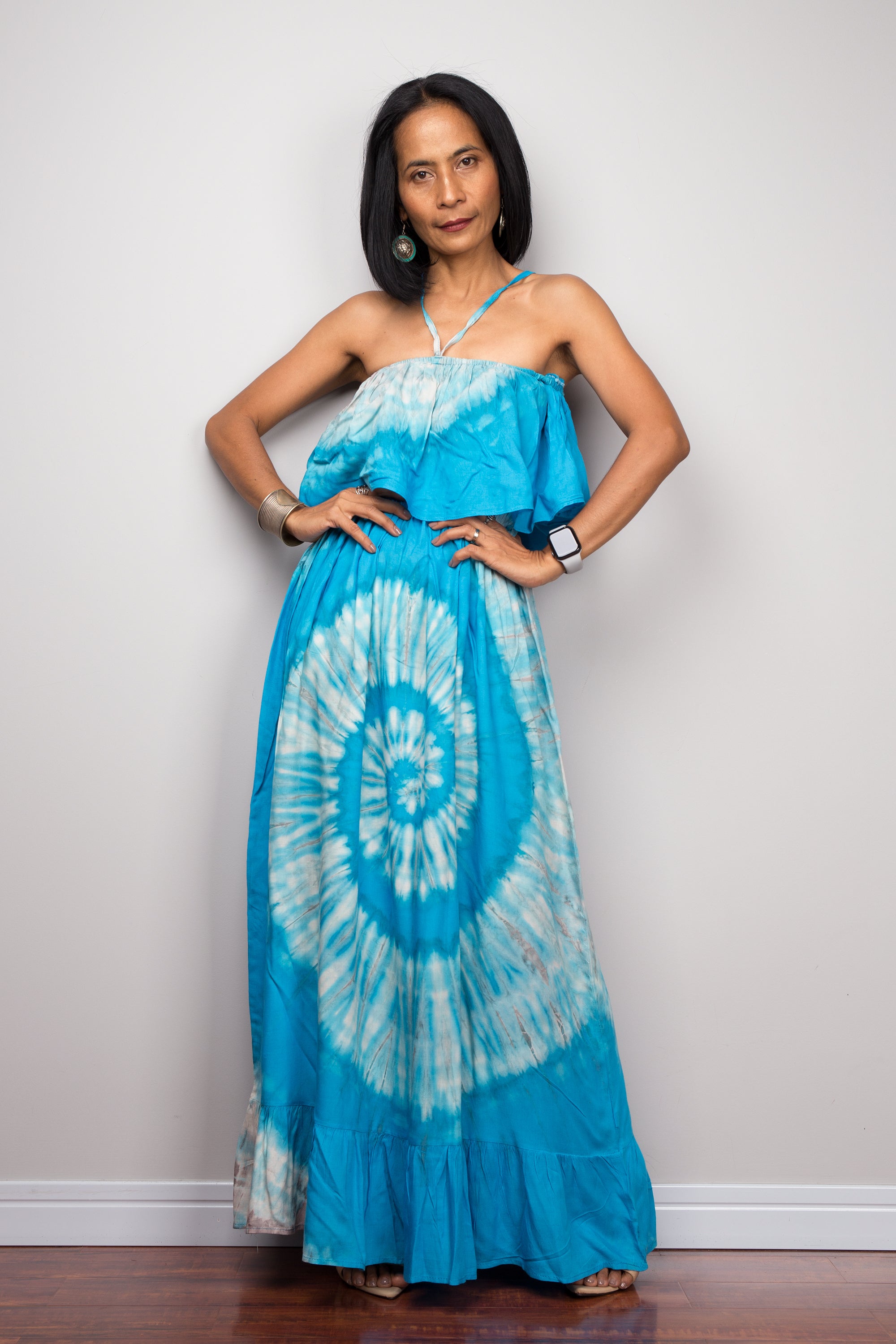 Tie Dye Off Shoulder Maxi Dress. Blue Drop Waist Dress by Nuichan Tie Dye Off Shoulder Maxi Dress. Blue Drop Waist Dress by Nuichan