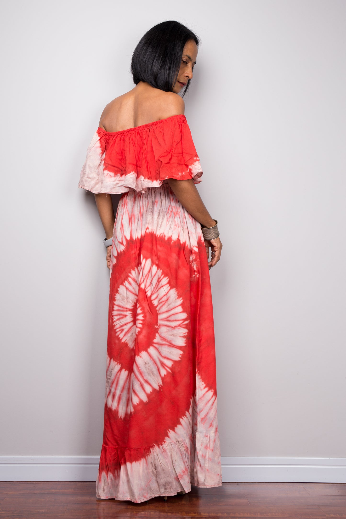 Tie Dye Off The Shoulder Dress. Red Drop Waist Dress by Nuichan