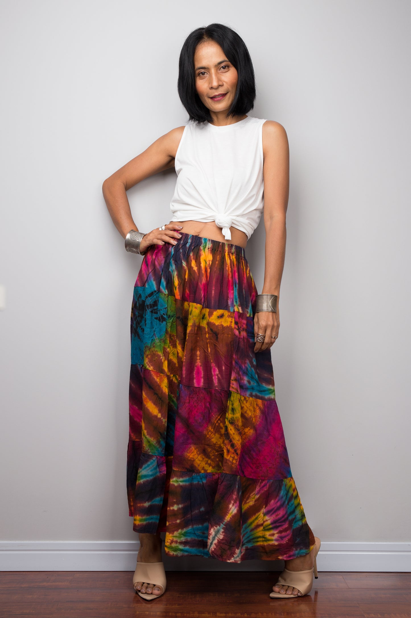 Smocked rainbow skirt by Nuichan. Tie dye maxi skirt