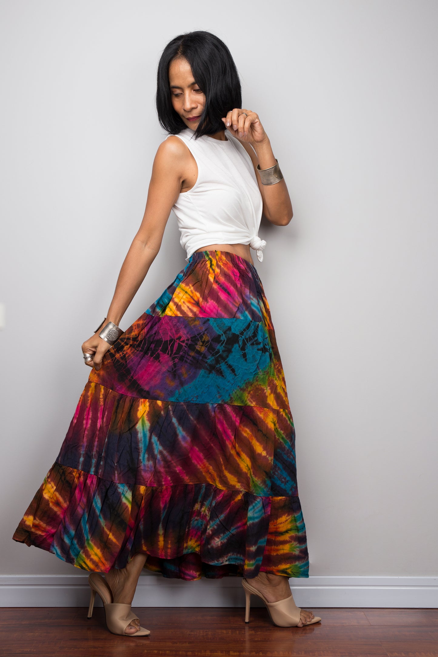 Tie dye maxi skirt by Nuichan. Elastic at waist