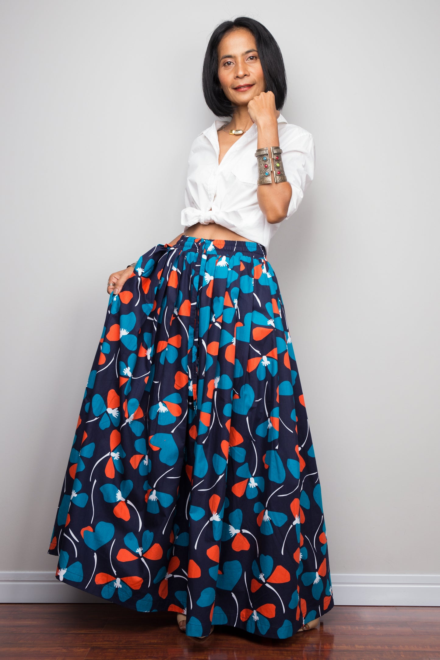 Floral skirt, Pleated maxi skirt, blue cotton summer skirt