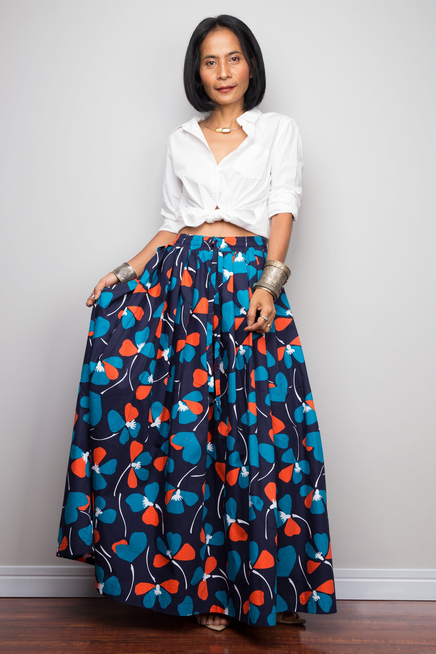 Floral skirt, Pleated maxi skirt, blue cotton summer skirt