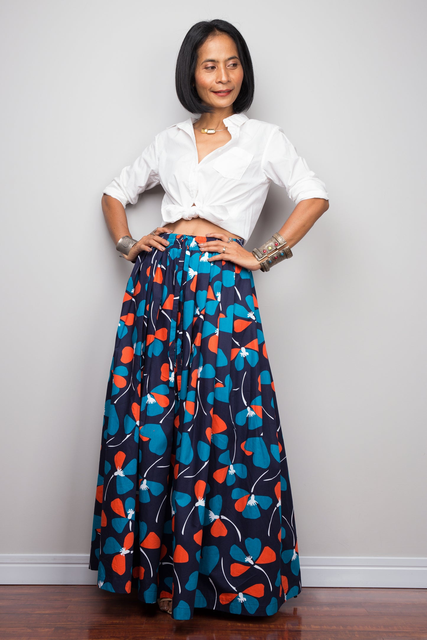 Floral skirt, Pleated maxi skirt, blue cotton summer skirt