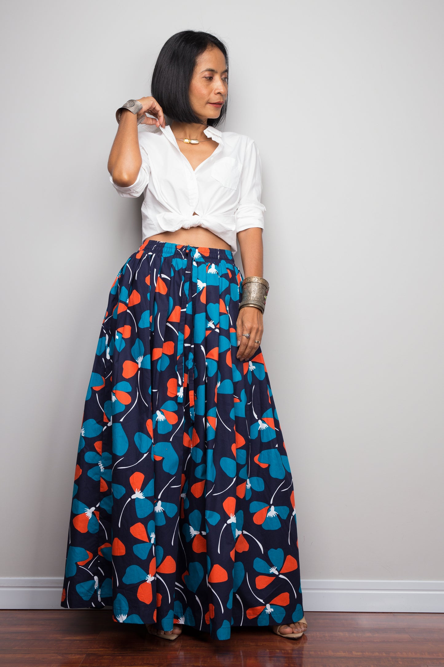 Floral skirt, Pleated maxi skirt, blue cotton summer skirt
