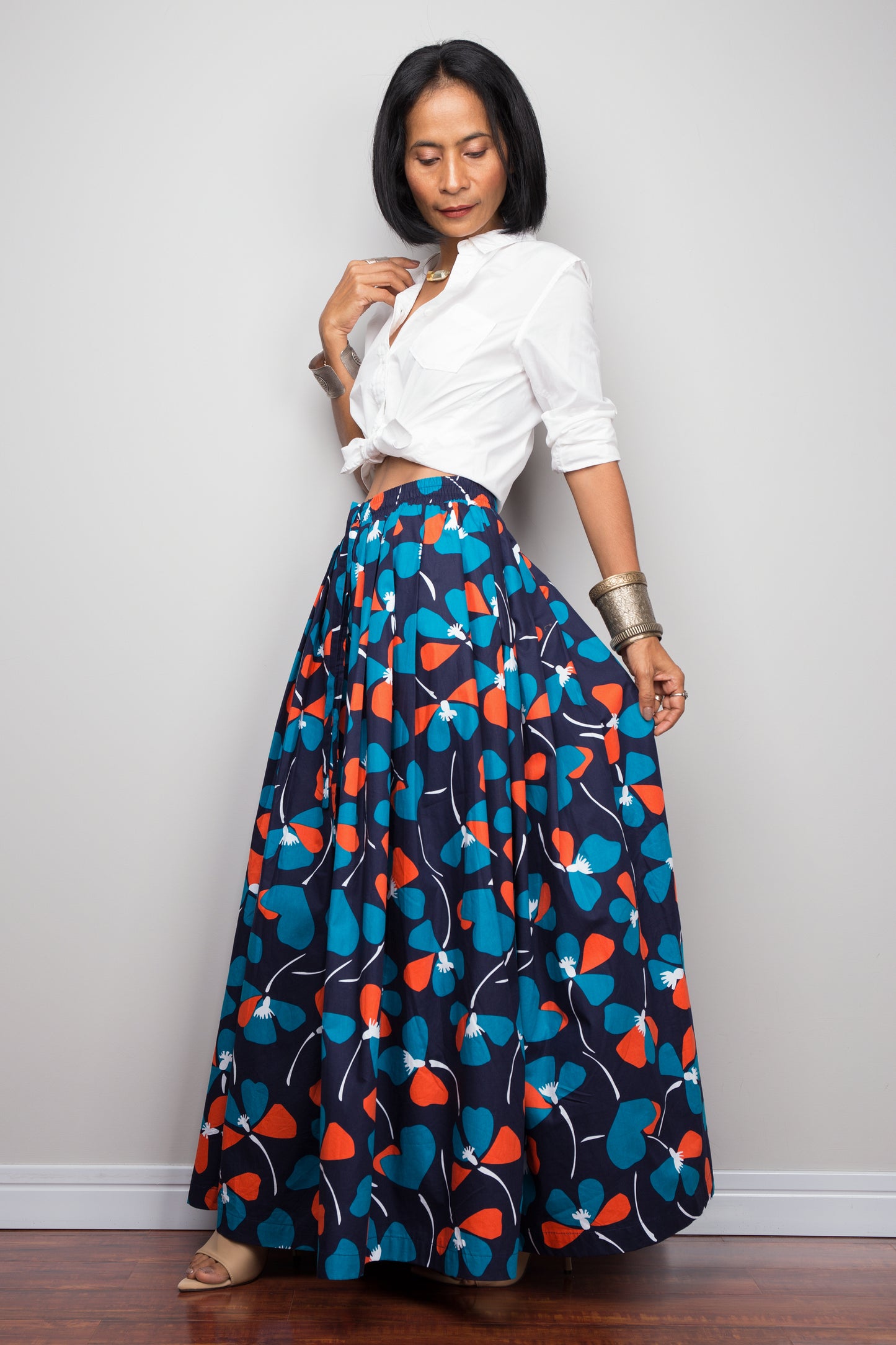 Floral skirt, Pleated maxi skirt, blue cotton summer skirt
