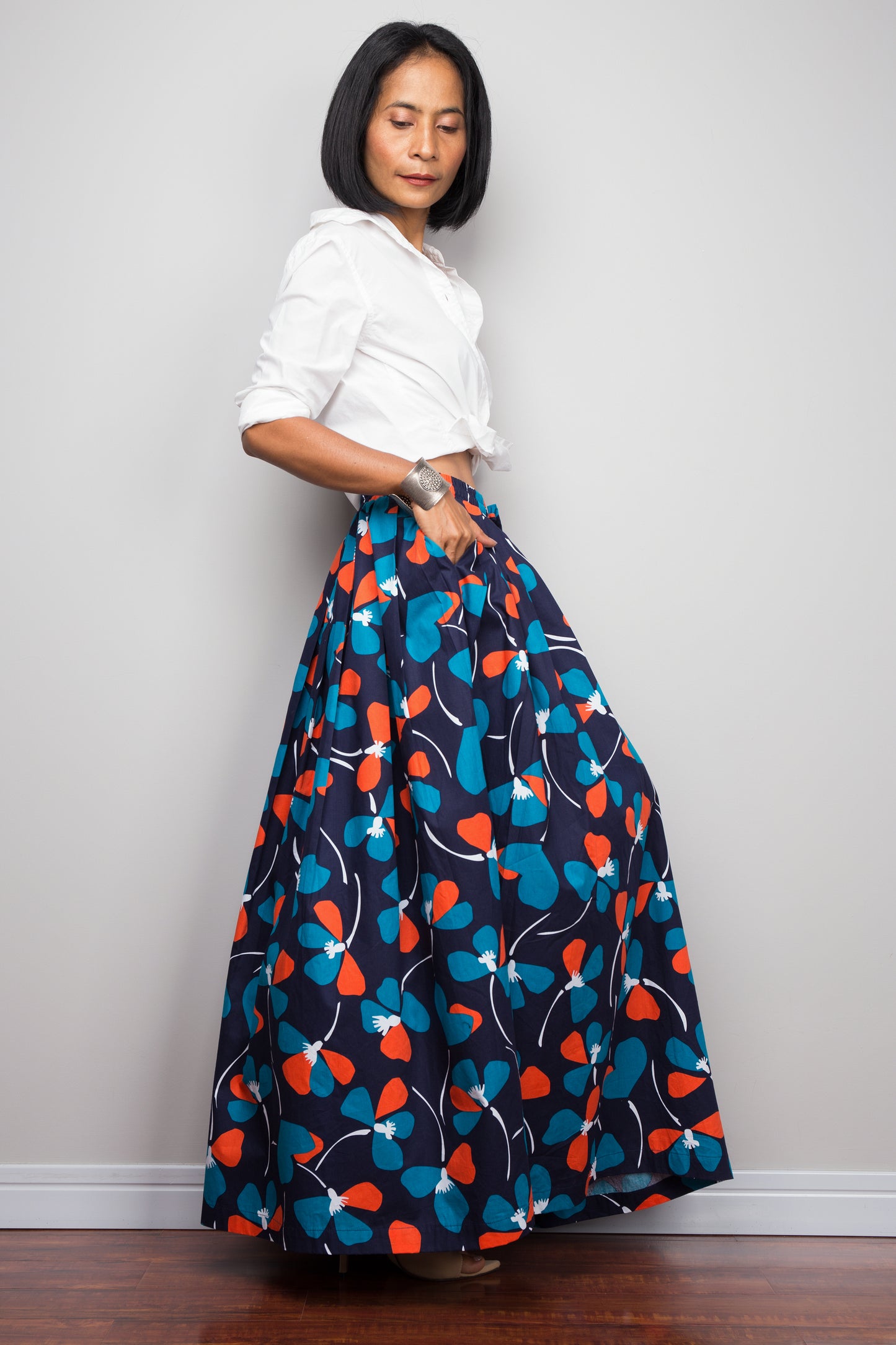 Floral skirt, Pleated maxi skirt, blue cotton summer skirt