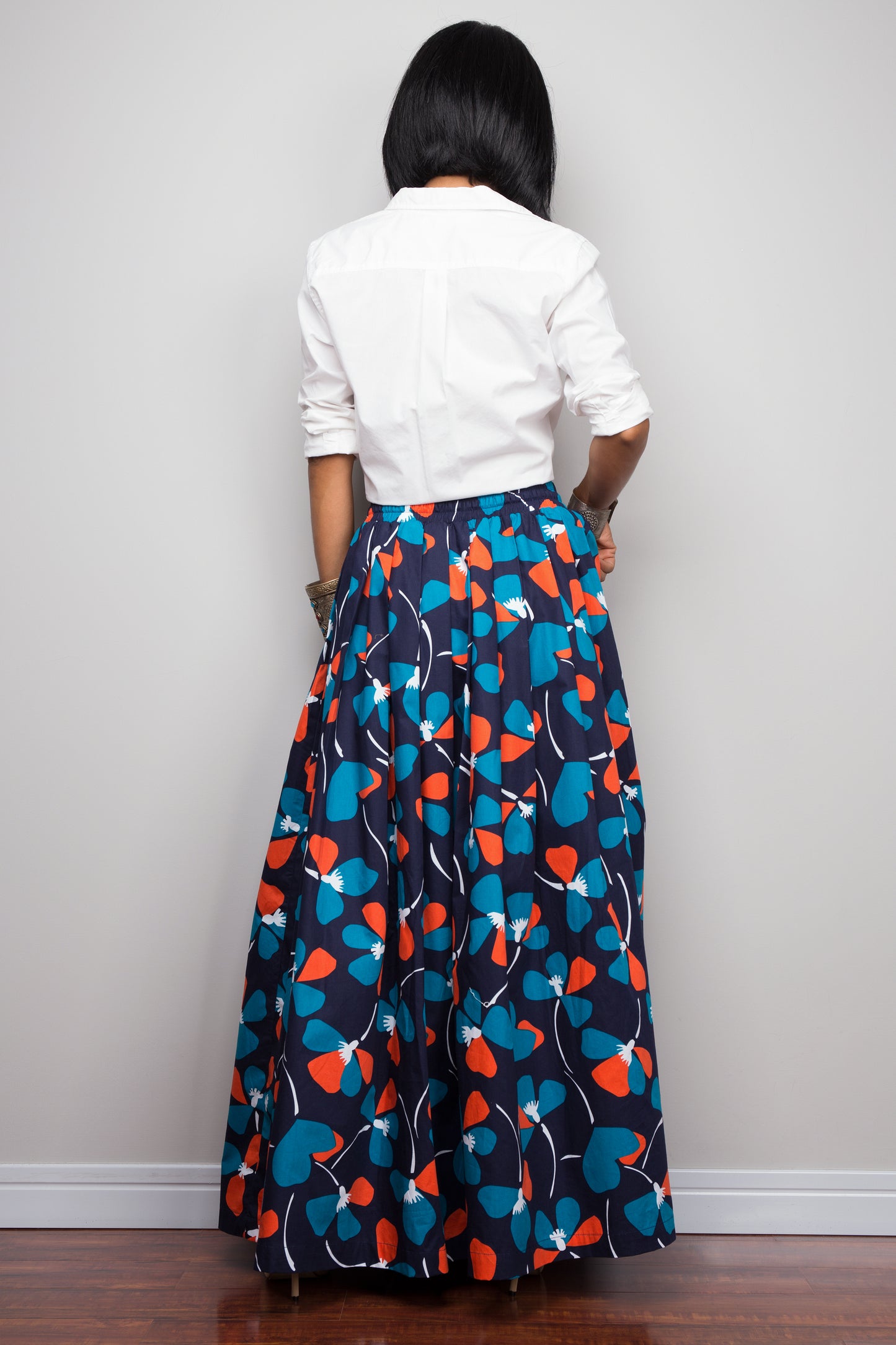Floral skirt, Pleated maxi skirt, blue cotton summer skirt