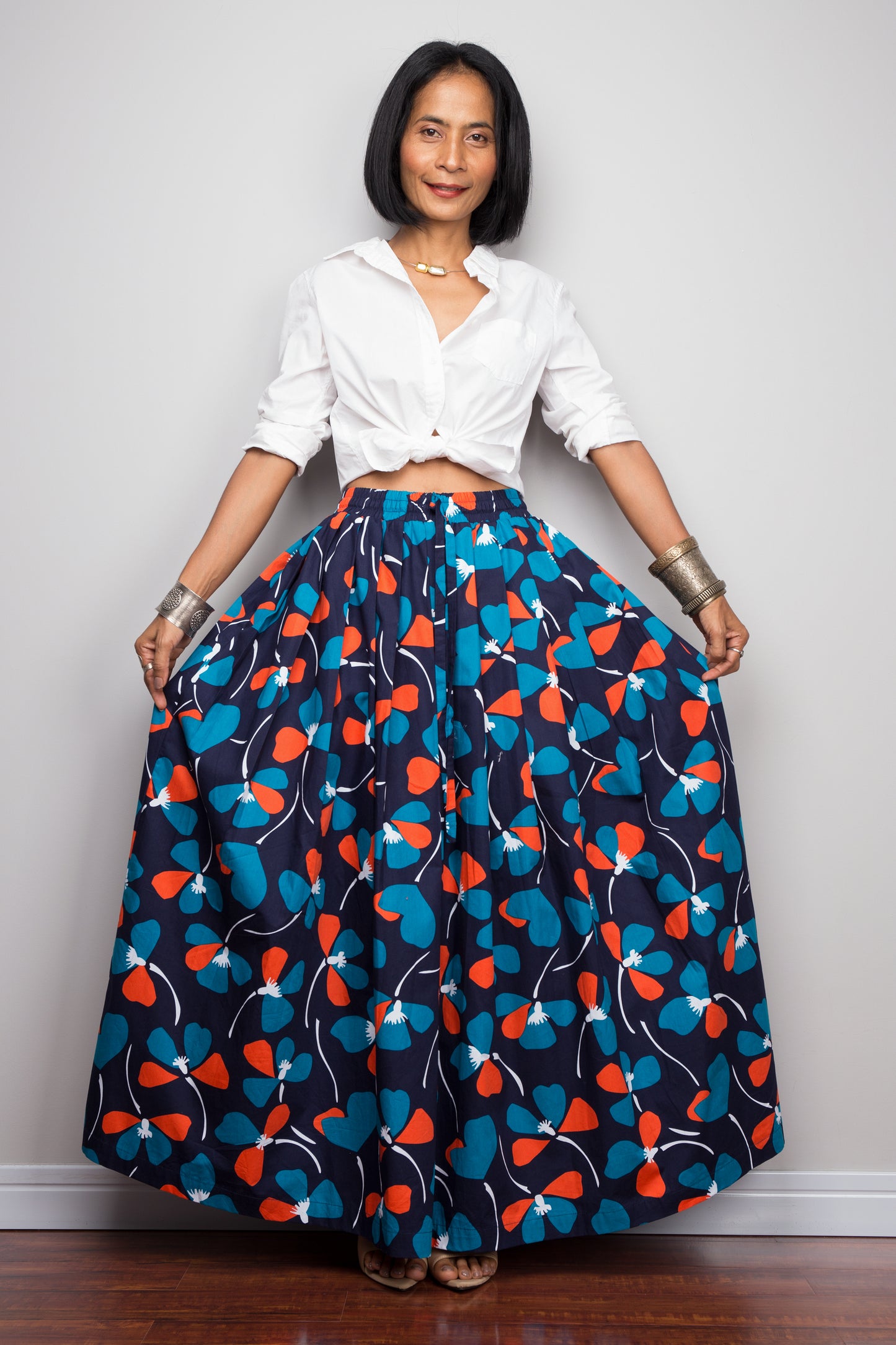 Floral skirt, Pleated maxi skirt, blue cotton summer skirt