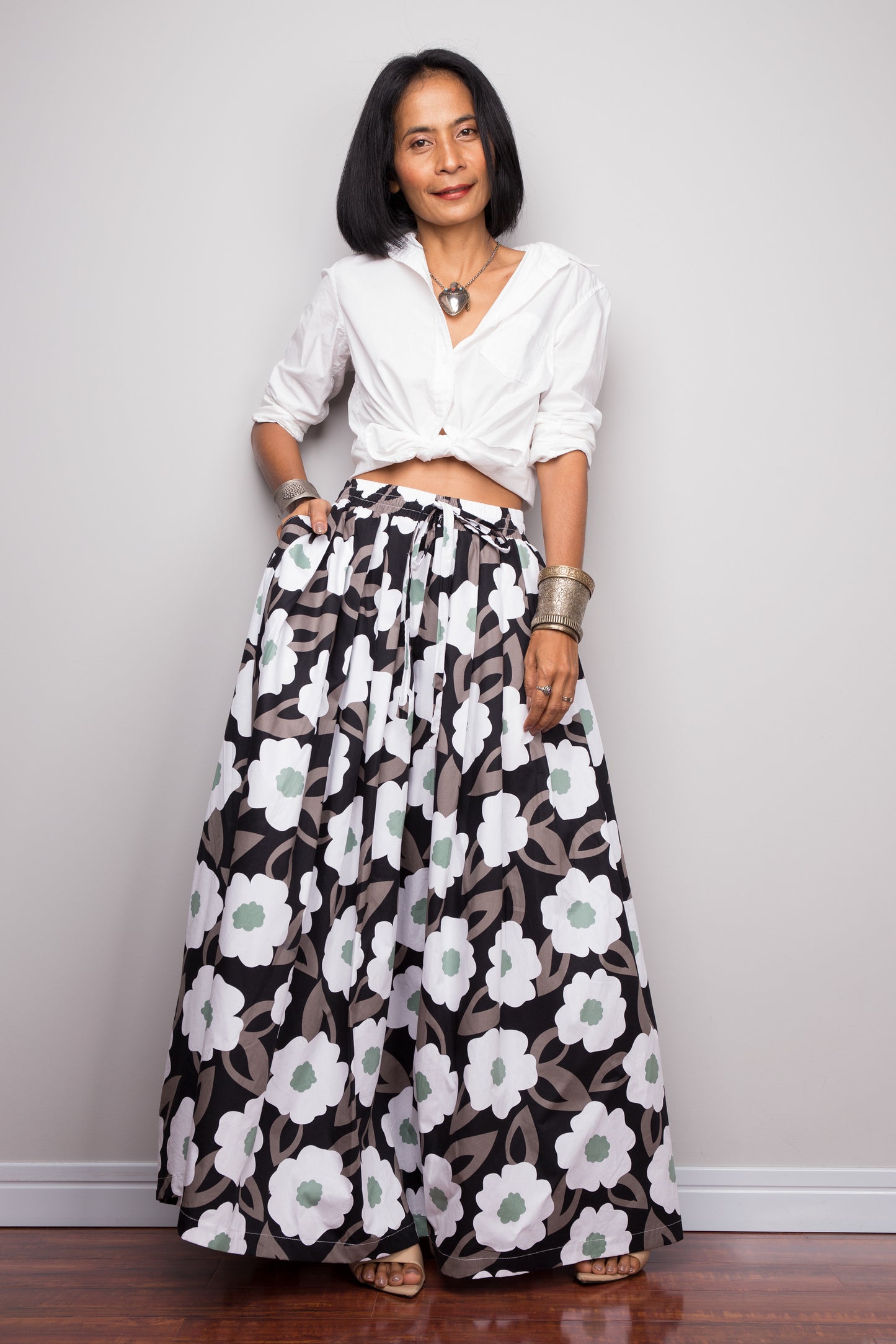 Floral skirt, Pleated maxi skirt, cotton summer skirt