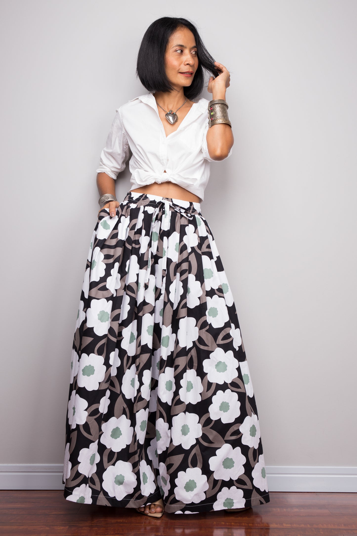 Floral skirt, Pleated maxi skirt, cotton summer skirt