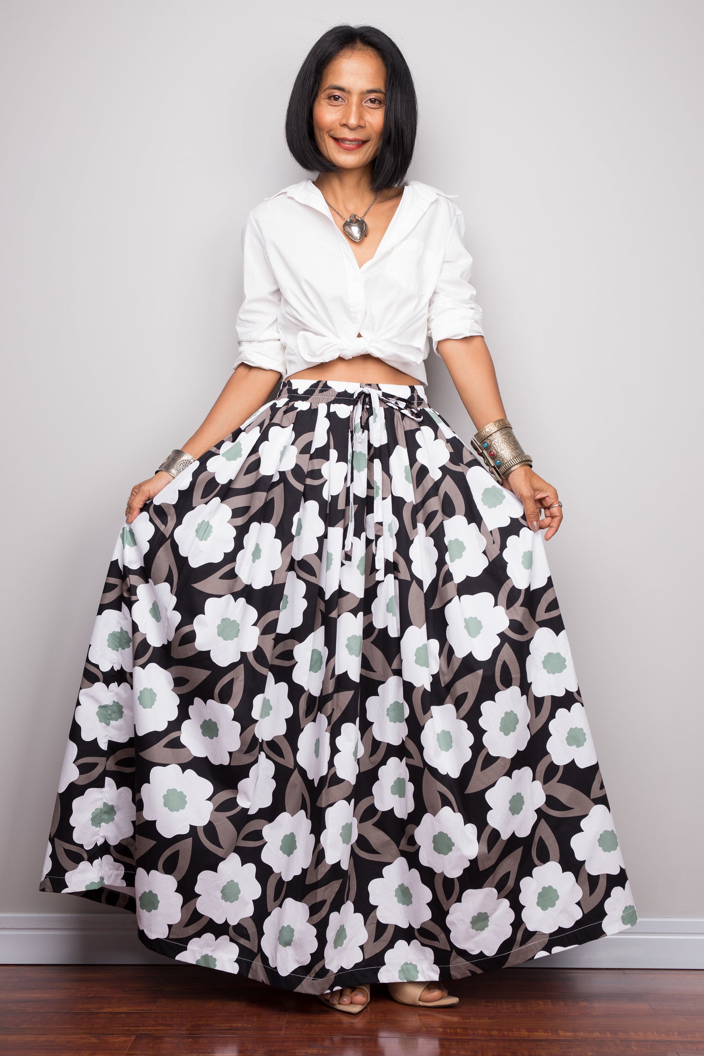 Floral skirt, Pleated maxi skirt, cotton summer skirt