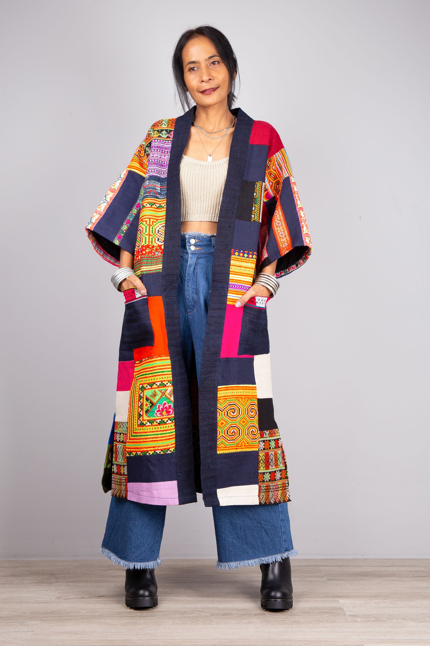 Patchwork coat | open front cardigan made from colorful vintage hill tribe fabrics