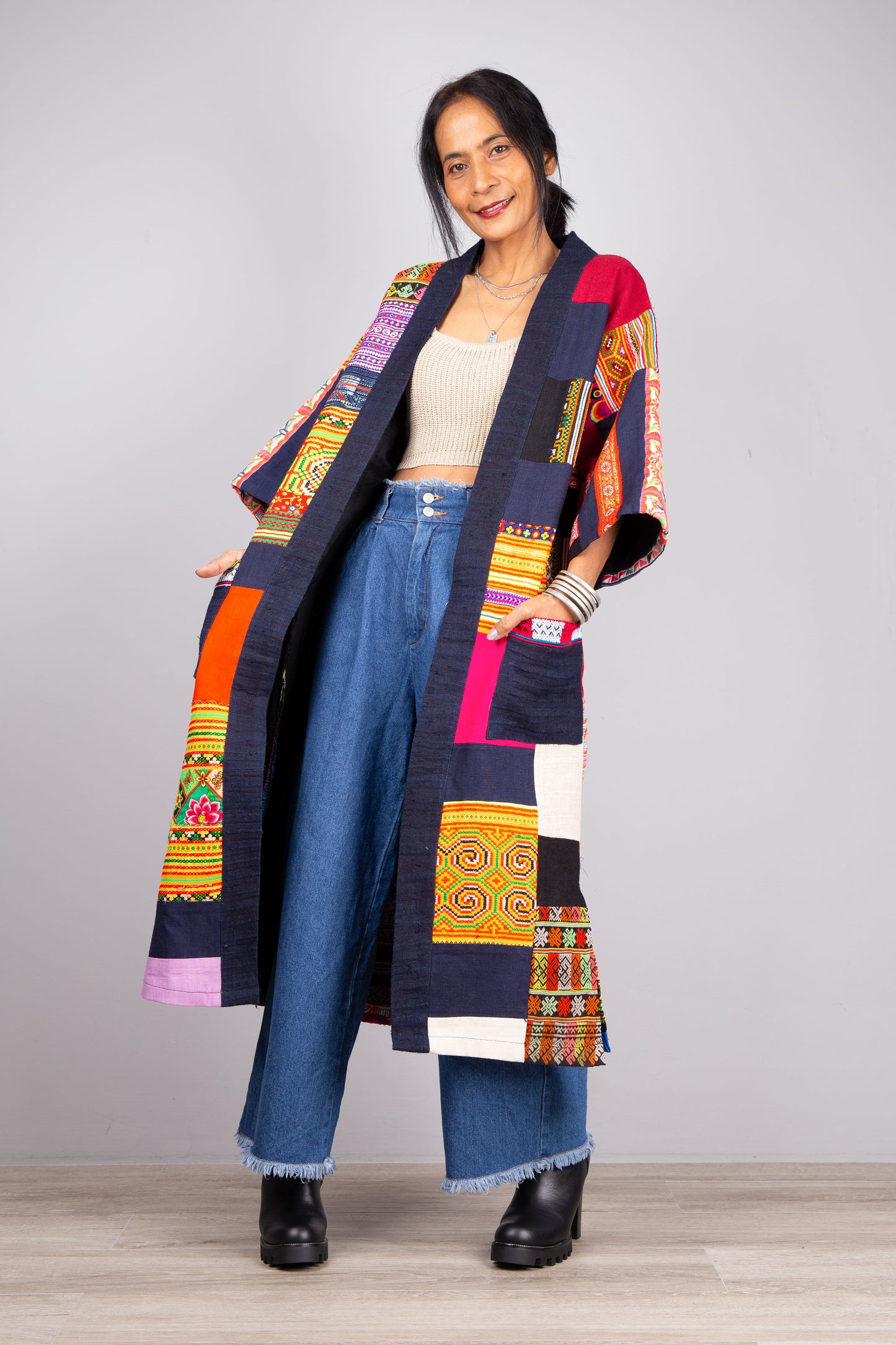 Patchwork coat | open front cardigan made from colorful vintage hill tribe fabrics