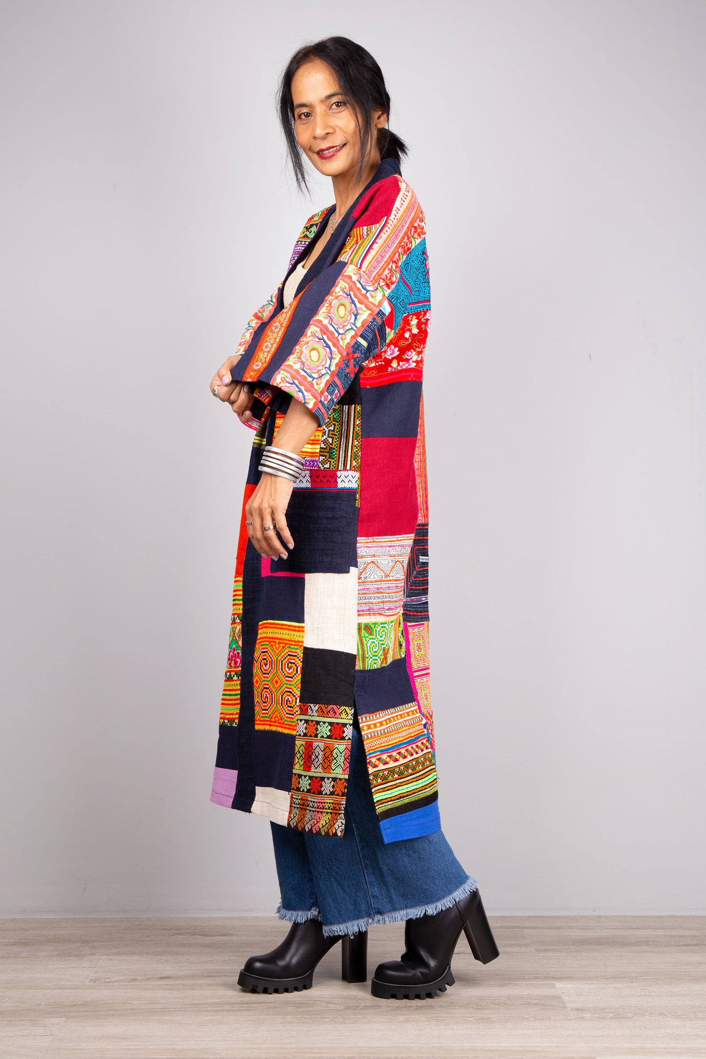 Patchwork coat | open front cardigan made from colorful vintage hill tribe fabrics