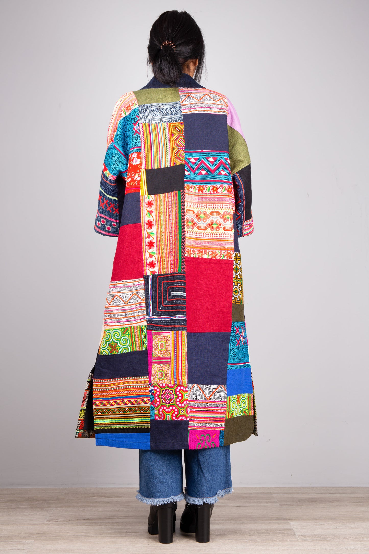 Patchwork coat | open front cardigan made from colorful vintage hill tribe fabrics