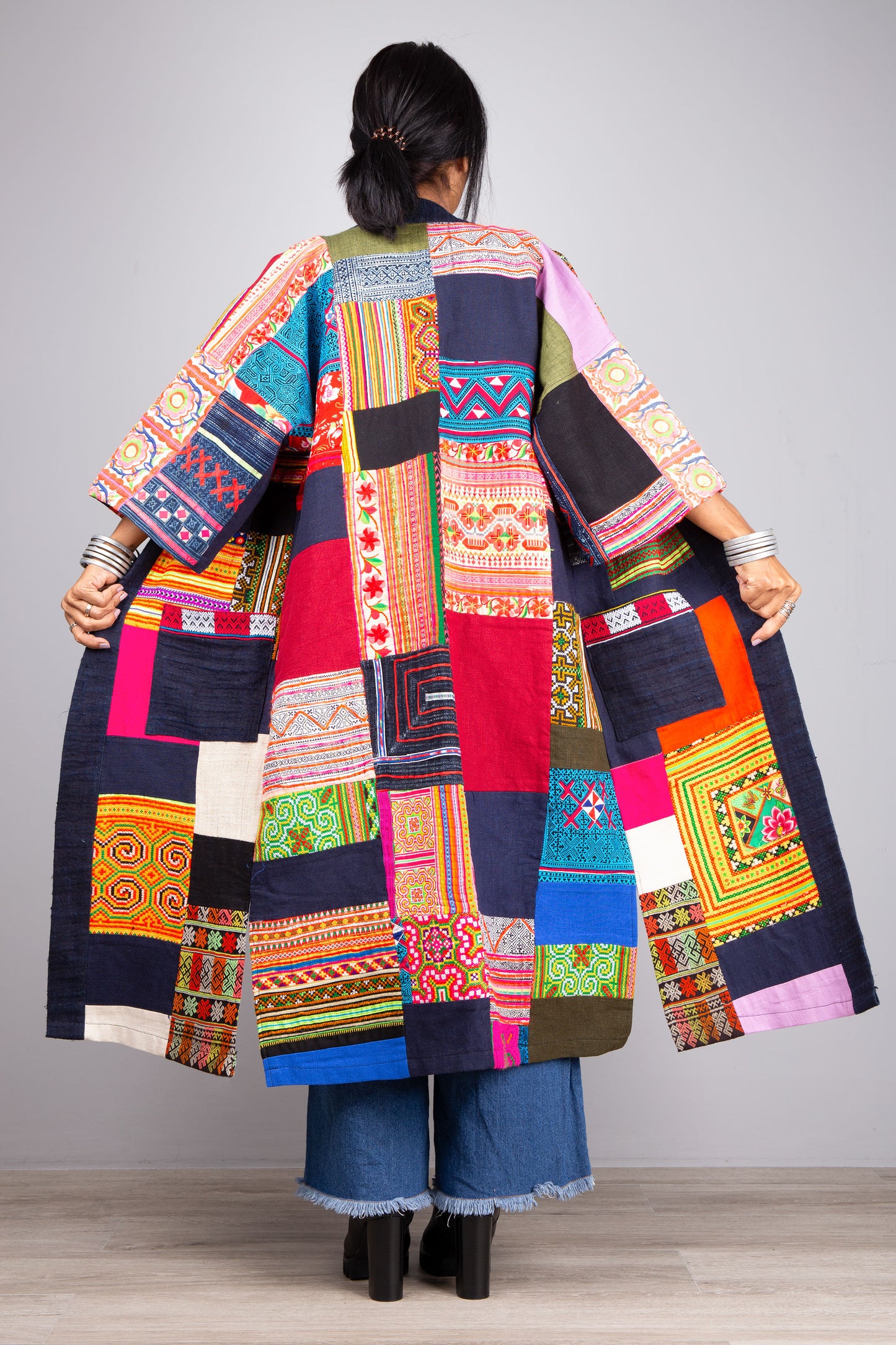 Patchwork coat | open front cardigan made from colorful vintage hill tribe fabrics