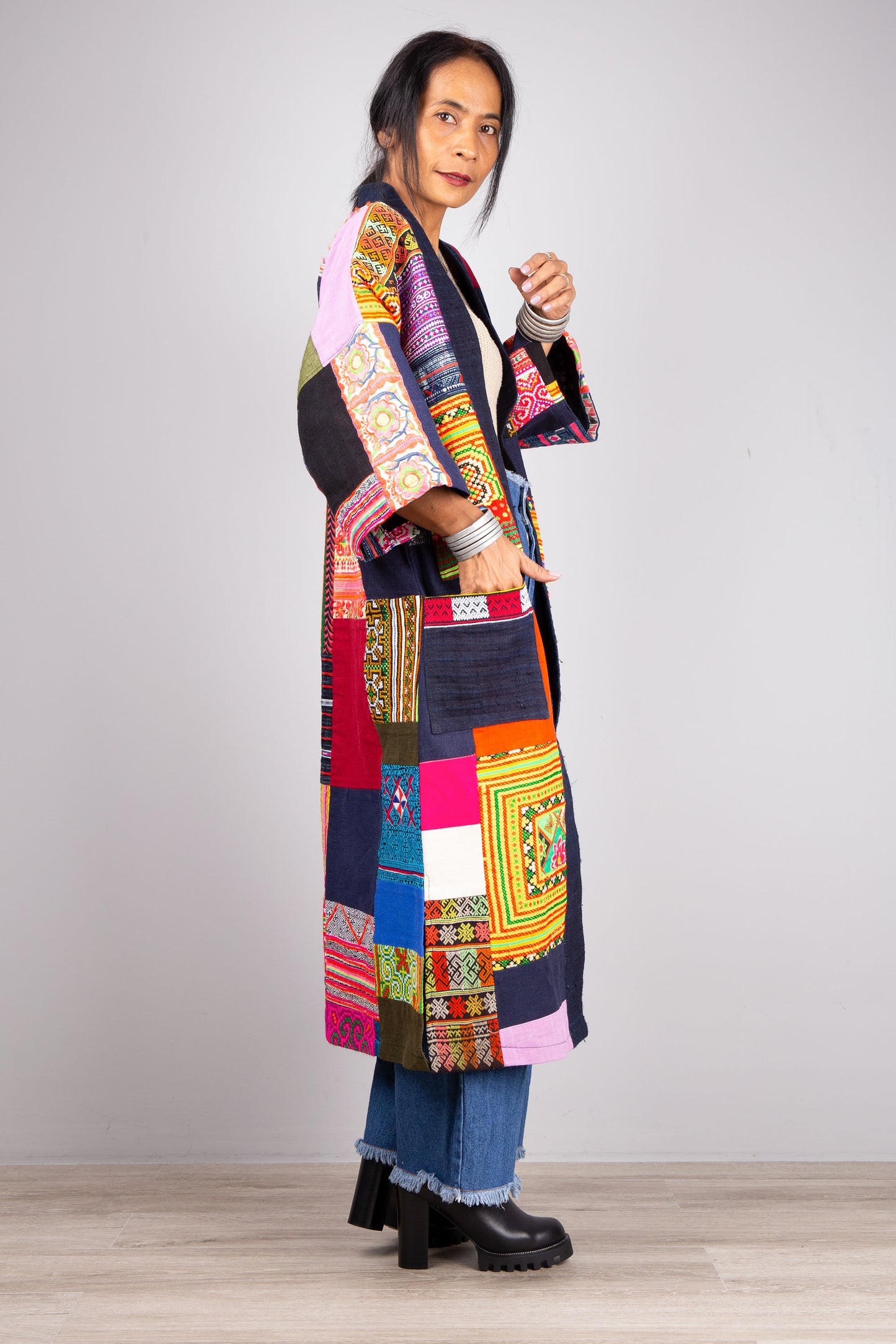 Patchwork coat | open front cardigan made from colorful vintage hill tribe fabrics