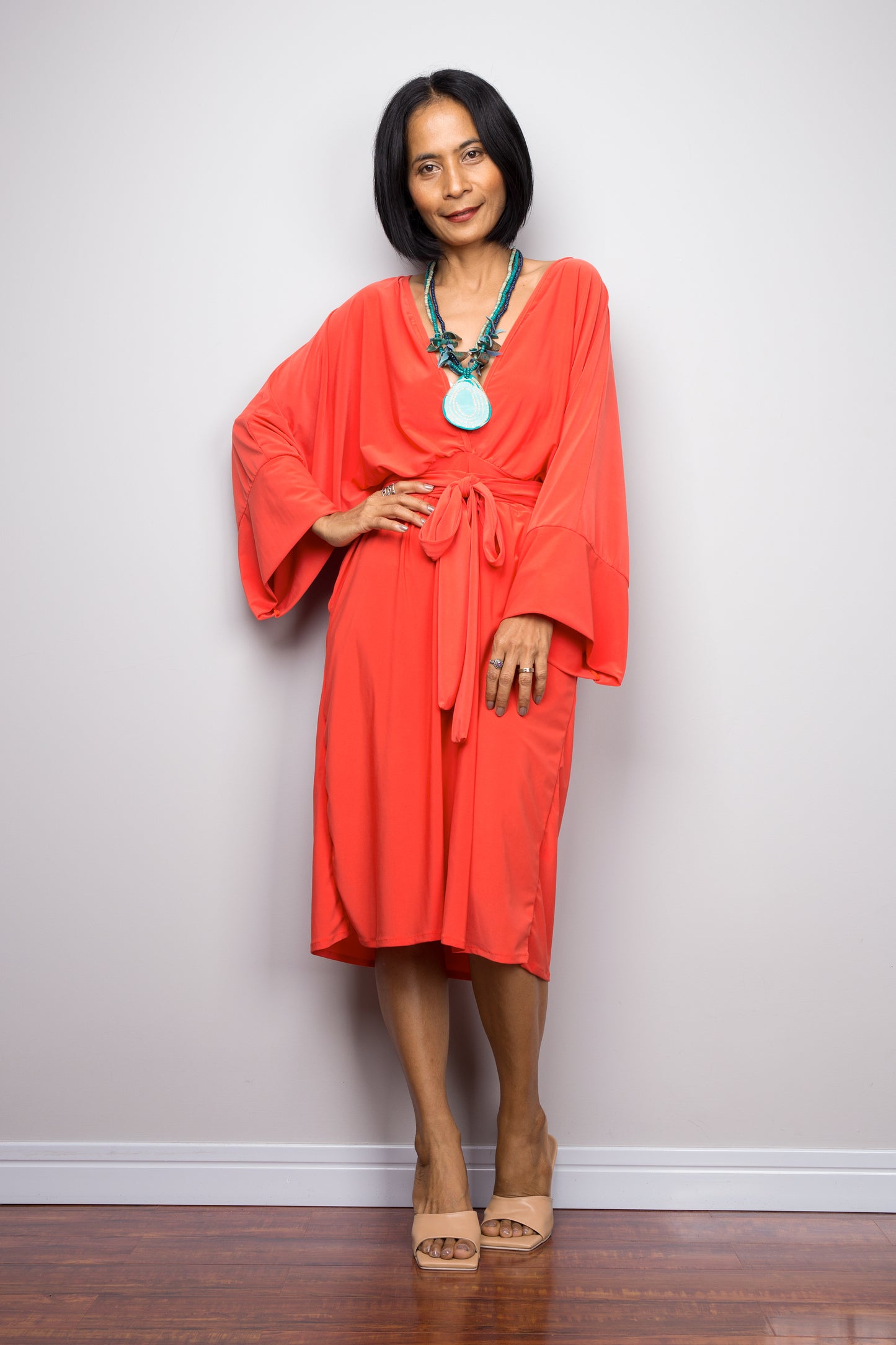 Buy stylish short dress online. Off shoulder dress by Nuichan Long sleeve orange dress with pockets