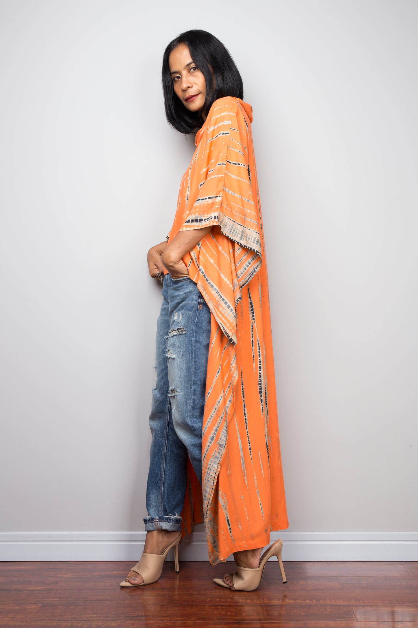 Buy Orange Tie dye Kaftan top online. Short front tie dye dress by Nuichan