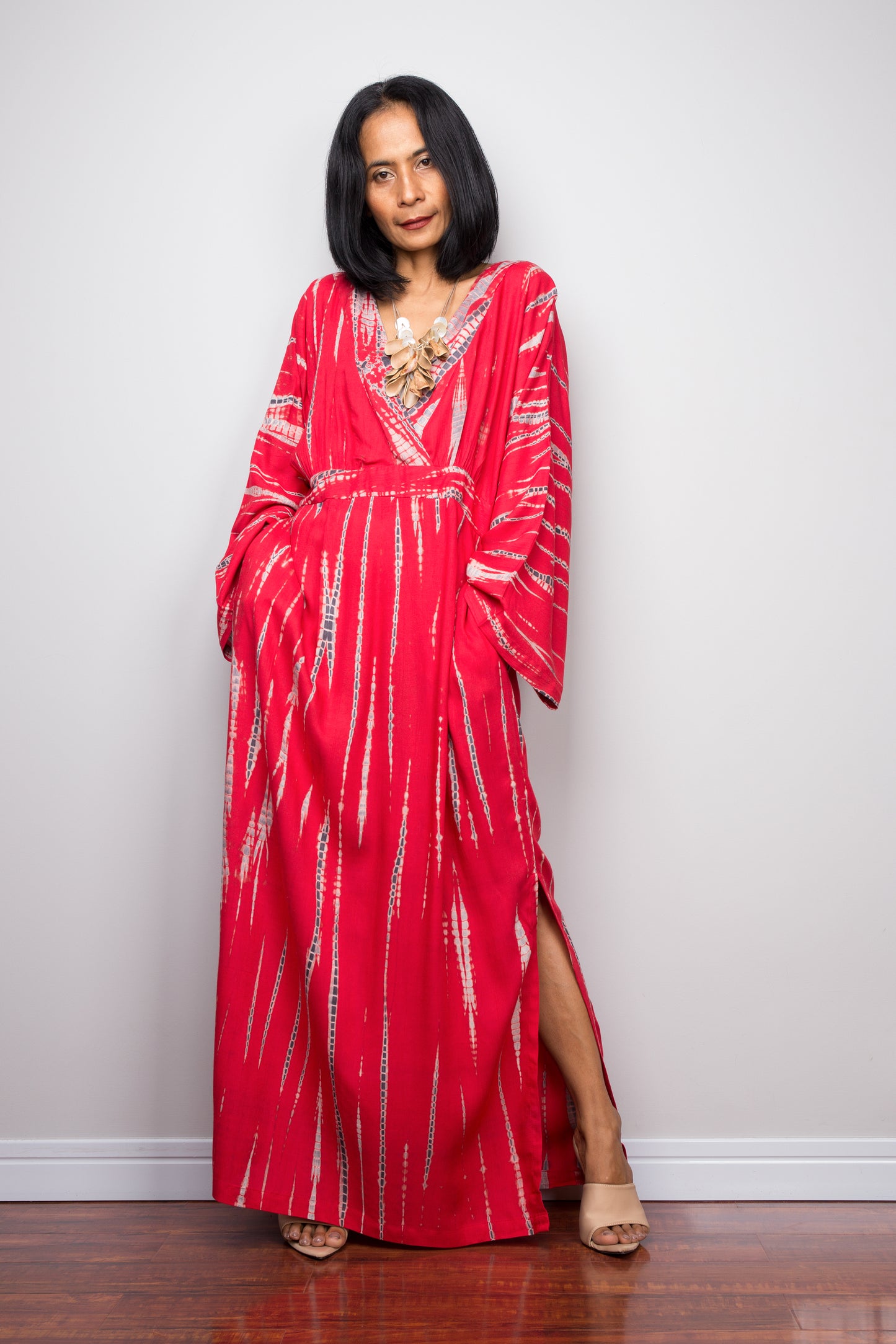 Tie dye kimono kaftan dress, beach dress, red maxi dress, resort kaftan, summer kaftan by Nuichan