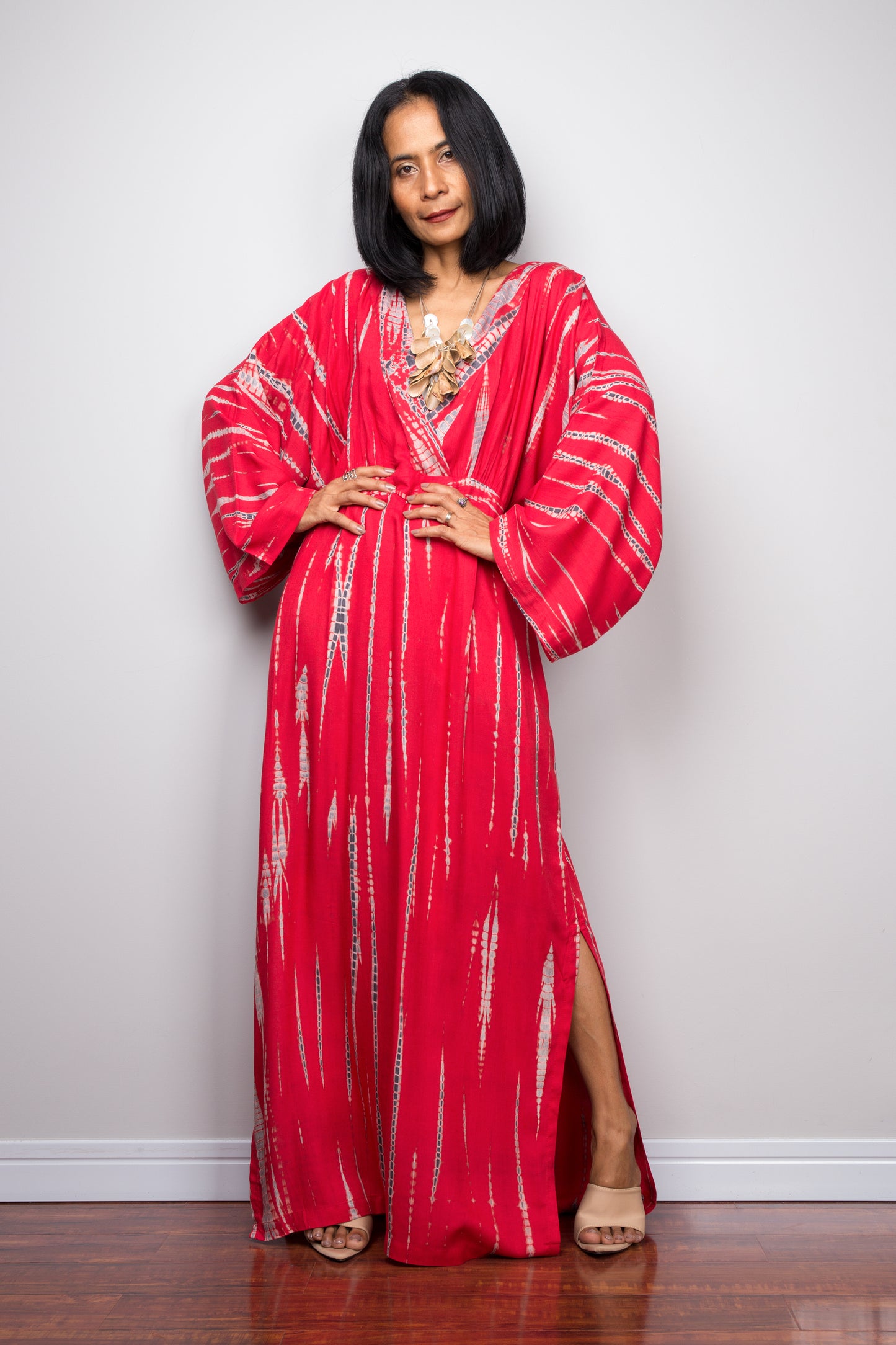 Tie dye kimono kaftan dress, beach dress, red maxi dress, resort kaftan, summer kaftan by Nuichan
