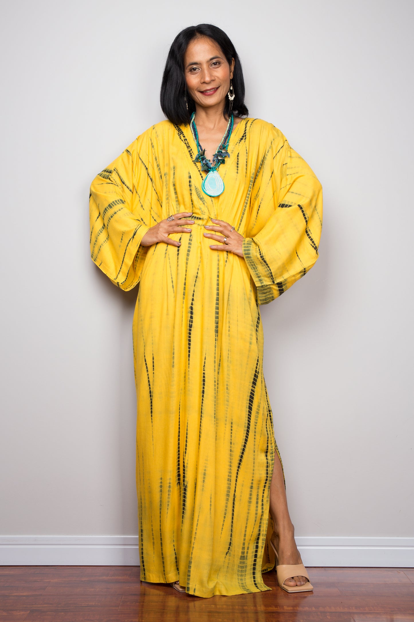 Tie dye kimono kaftan dress, beach dress, yellow maxi dress, resort kaftan, summer kaftan, loose fit dress, loungewear, yellow kaftan with pockets
