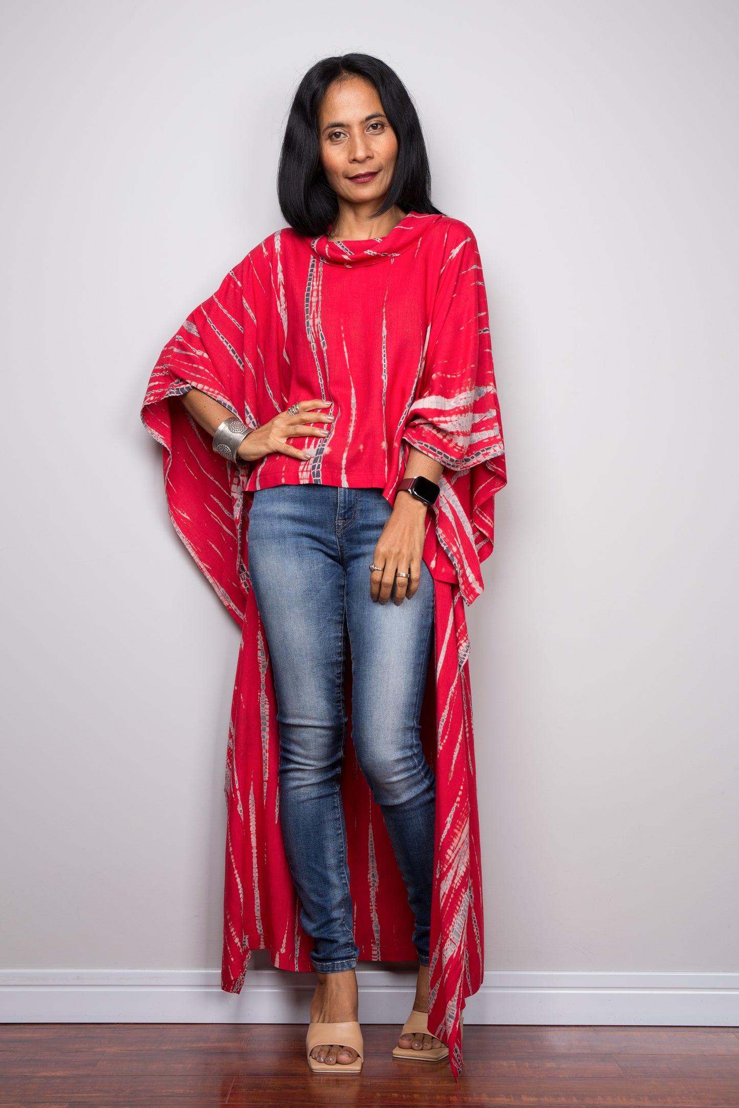 Buy red Tie dye Kaftan top dress online. Short front tie dye dress by Nuichan