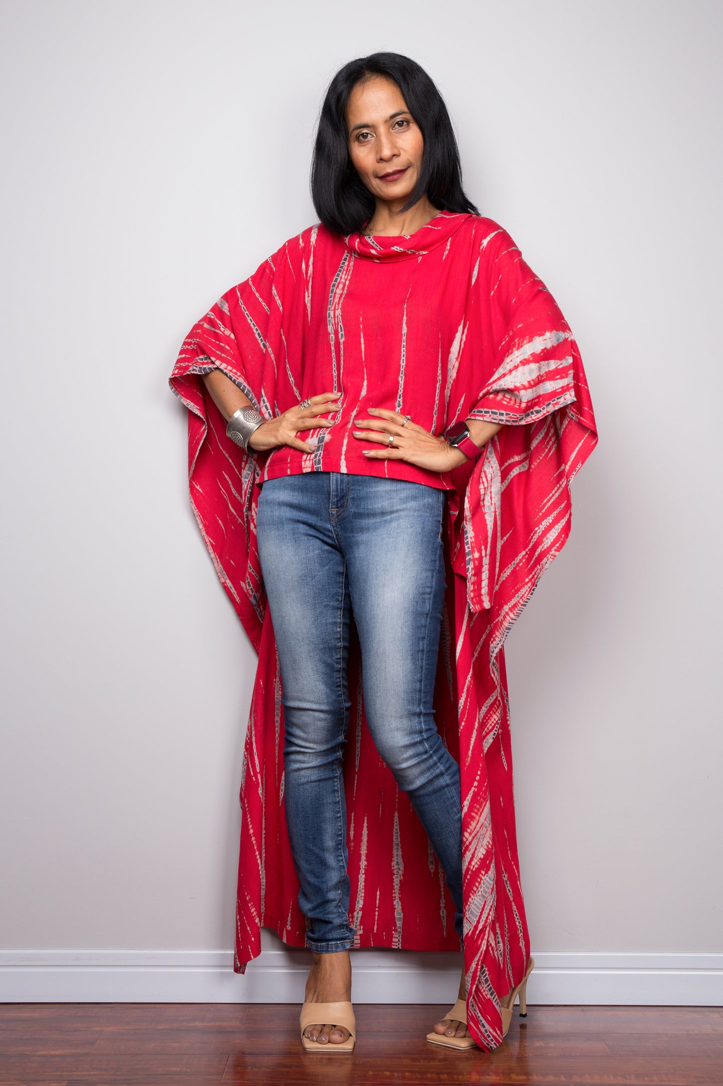 Buy red Tie dye Kaftan top dress online. Short front tie dye dress by Nuichan'