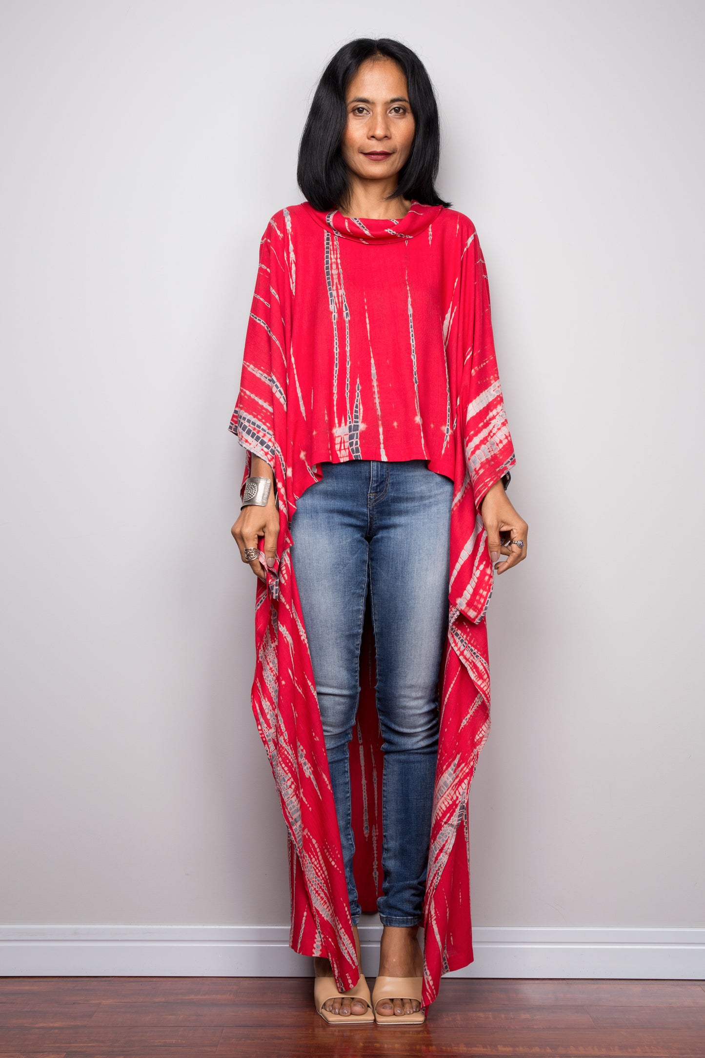 Buy red Tie dye Kaftan top dress online. Short front tie dye dress by Nuichan