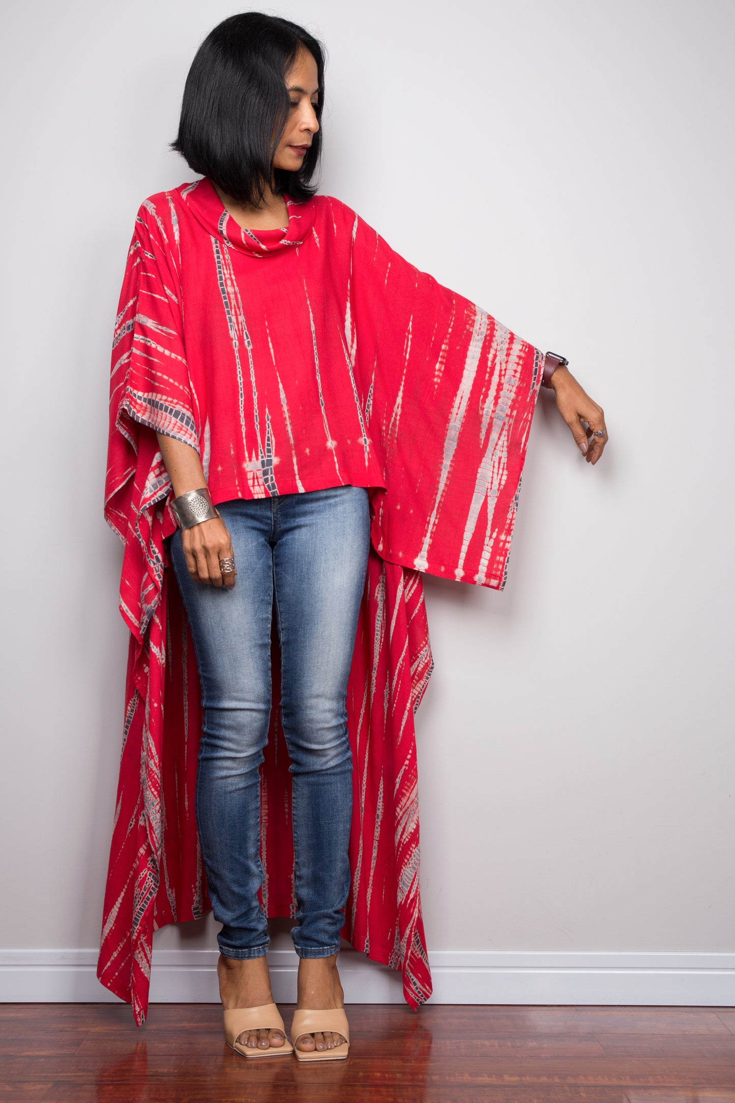 Buy red Tie dye Kaftan top dress online. Short front tie dye dress by Nuichan
