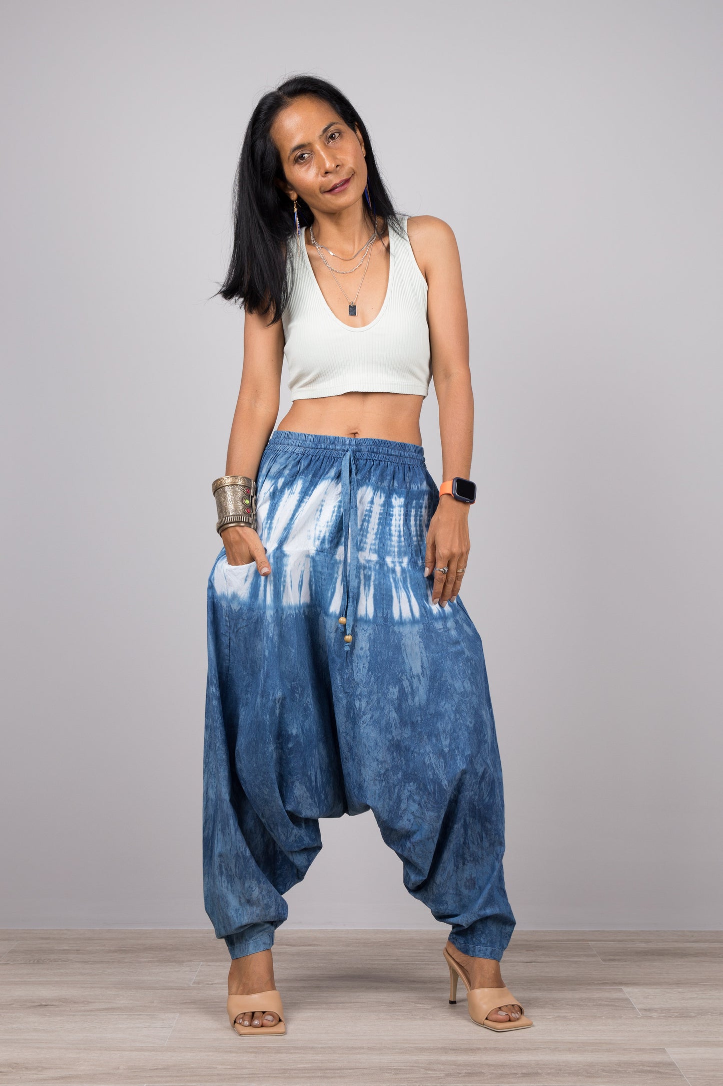 Shibori tie dye pants by Nuichan. Natural indigo blue harem pants
