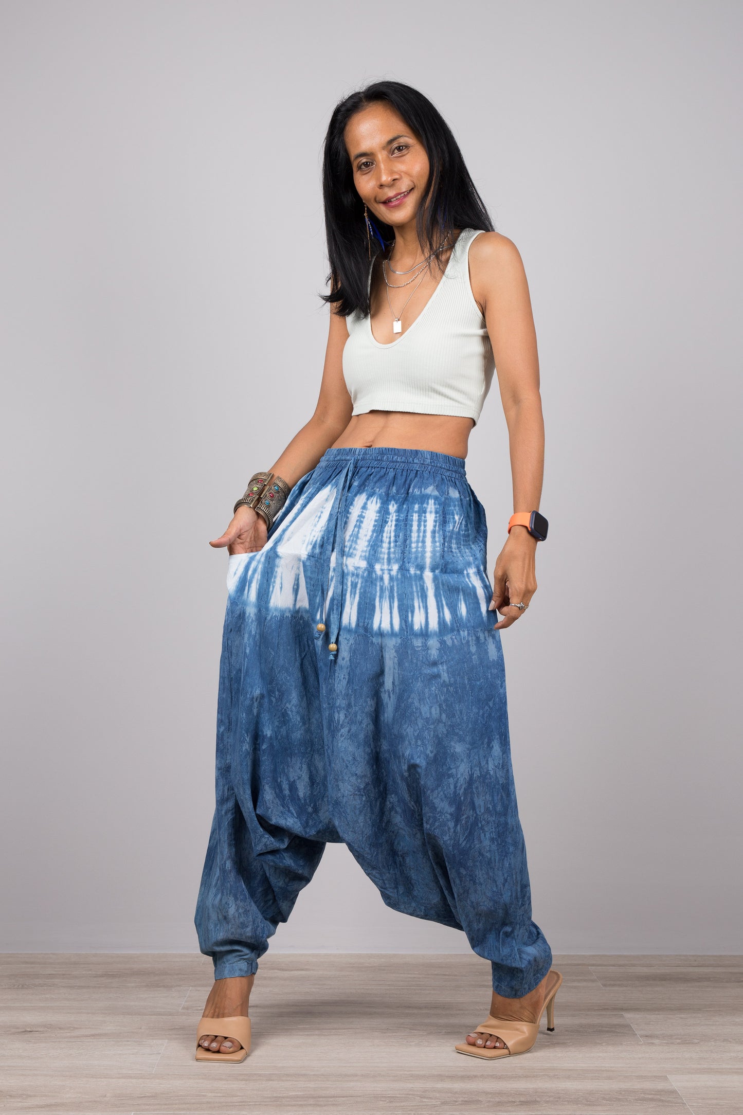 Shibori tie dye pants by Nuichan. Natural indigo blue harem pants