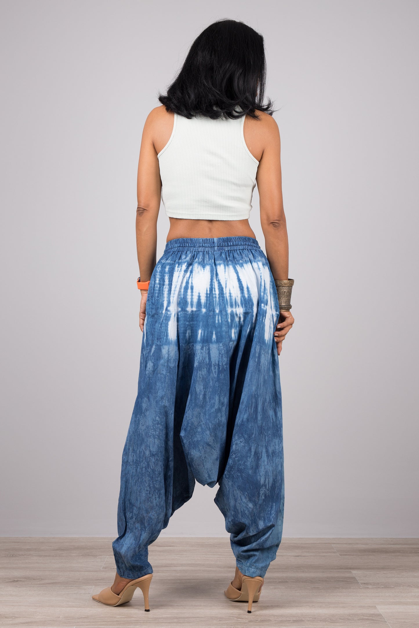 Shibori tie dye pants by Nuichan. Natural indigo blue harem pants