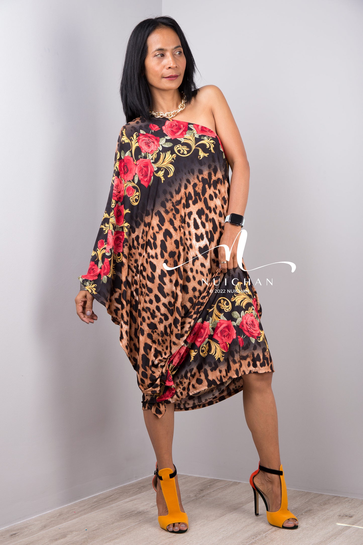 Nuichan Women's Off the shoulder boho chic leopard print maxi dress