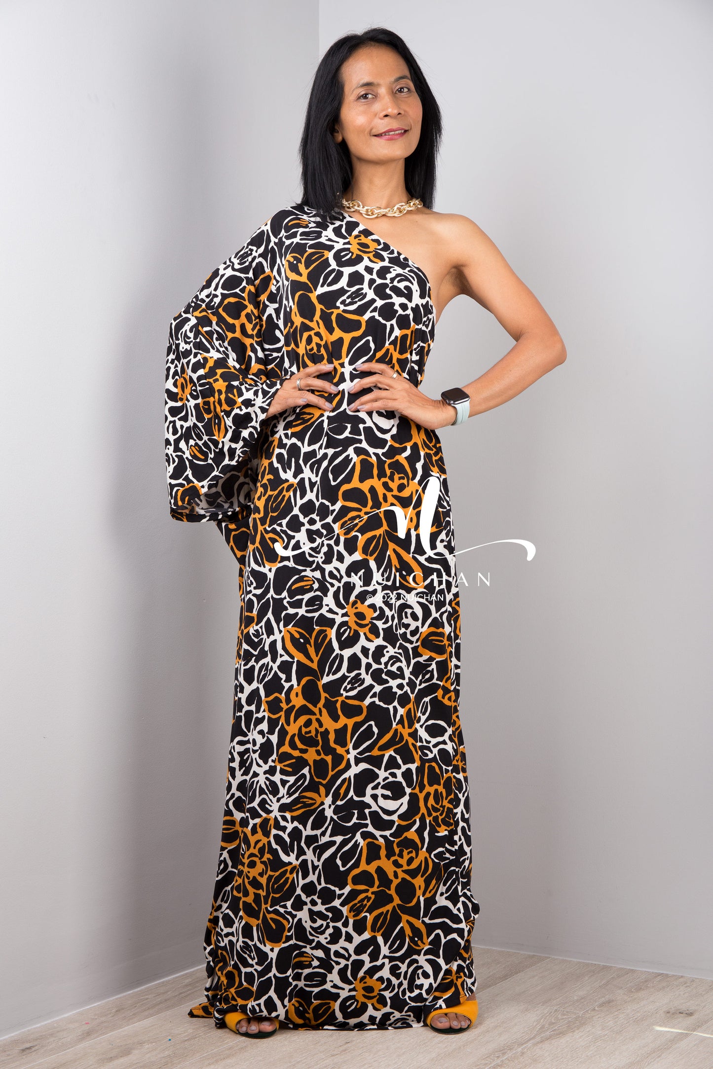 Nuichan Women's one shoulder boho chic black maxi dress
