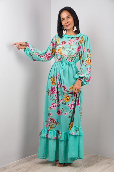 Nuichan women's chiffon maxi dress, long sleeve floral dress in green.