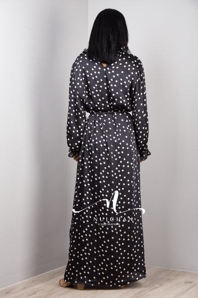 Black Chiffon Maxi Dress with polka dots and long Sleeves Modest Gown dress with ruffles at sleeves