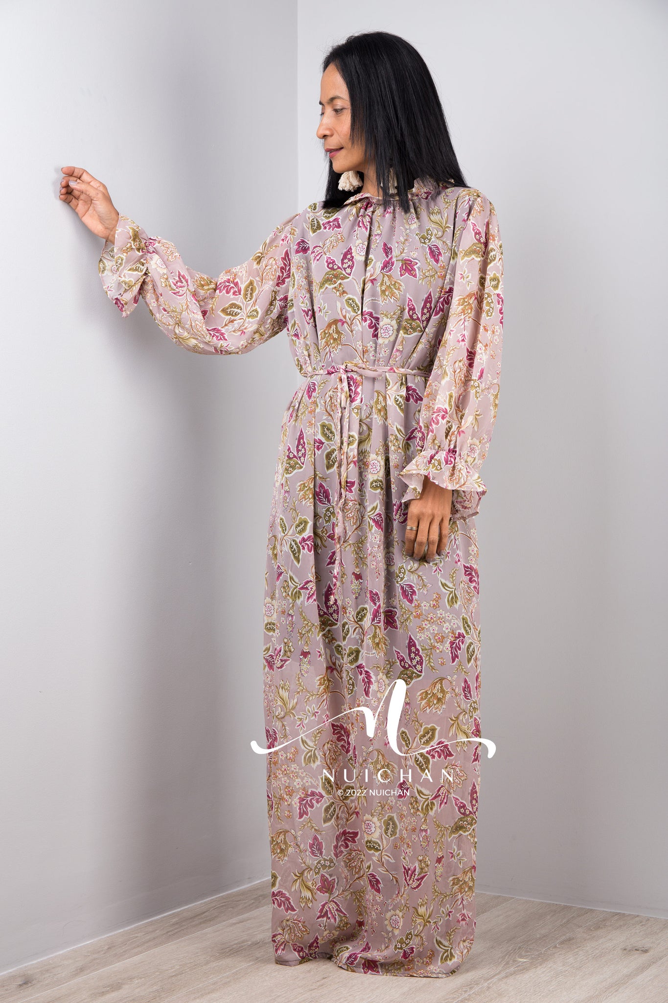 Nuichan women's chiffon maxi dress, long sleeve floral dress .