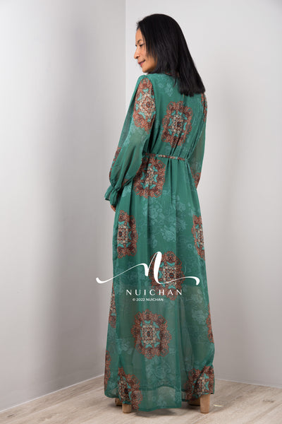 Nuichan women's chiffon maxi dress, long sleeve dress in green.
